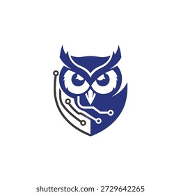 Face de coruja abstrata e escudo protetor com placa gráfica de circuito eletrônico representando tecnologia moderna e ilustração vetorial de soluções de segurança cibernética