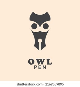 Abstract owl head with pen vector logo design template. good for education, study