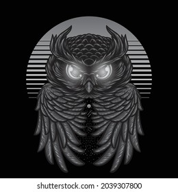 Abstract owl night with moon illustration hand drawing black white