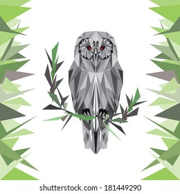 Abstract owl on white background in shades of gray sits on a branch