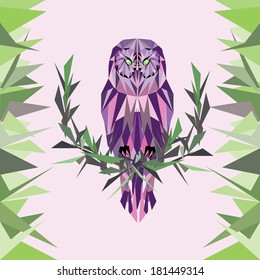 Abstract owl on a white background in purple colors sitting on a branch