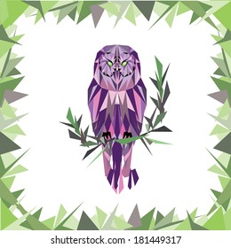 Abstract owl on a white background in purple colors sitting on a branch