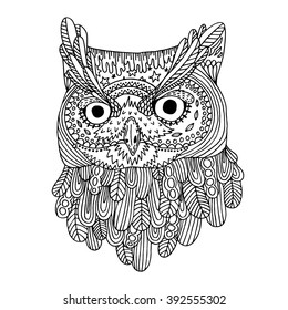 Abstract Owl . Ornate isolated vector illustration. Hand drawn animal drawing.