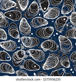 Abstract Oyster Line Drawing Seamless Pattern with Color Splashes on Blue