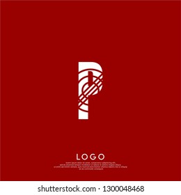 Abstract P logo letter in circle lines pattern design concept with red background