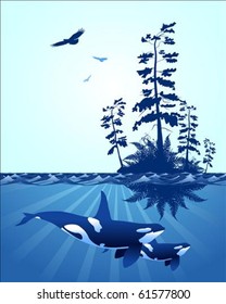 abstract Pacific Northwest ocean scene, with with windswept trees, eagles and killer whales