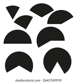 Formas Pacman abstratas. Elementos geométricos do jogo. Segmentos de pizza monocromáticos. Ilustração vetorial.