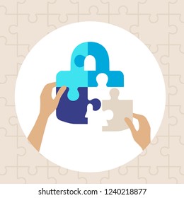 Abstract pad lock puzzle pieces concept, assembled with hands, vector illustration
