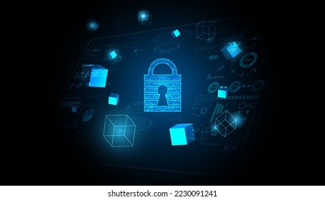 Abstract Padlock Cyber Security Blockchain Hack Prevention By blockchain, security, on blue background, futuristic