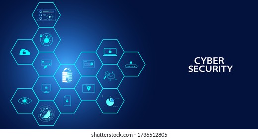 ciberseguridad de candado abstracto con iconos de hexágono Concepto Protección de la información en el mundo online, información personal cibernética, Internet, prevención del robo de internet