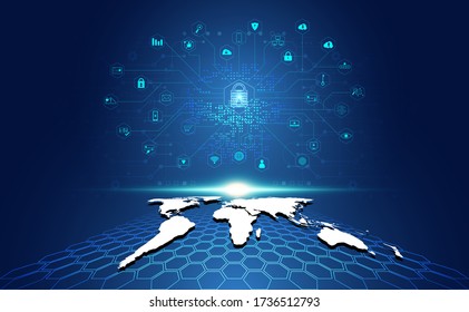 abstract padlock cyber security with map and icons concept Protection of information in the online world, cyber personal information, internet, preventing internet theft