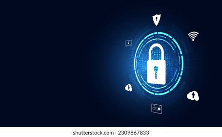 Abstract padlock digital circuit board and icons concept cyber theft protection cyber security On a modern blue background