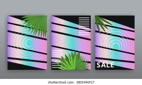 Abstract page templates set, retro wave creative hipster, neon and gradient colors. Stylish geometric creative futuristic cover, 90s style, realistic rainbow sheen, banners set, fluid modern design