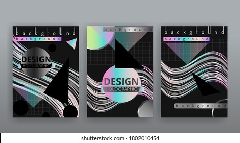 Abstract page templates set, retro wave creative hipster, neon and gradient colors. Stylish geometric creative futuristic cover, 90s style, realistic rainbow sheen, banners set, fluid modern design