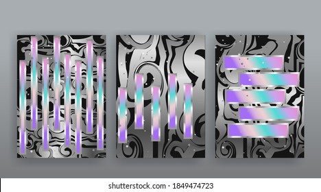 Abstract page templates set, retro wave creative hipster, neon and gradient colors. Stylish geometric creative futuristic cover, 90s style, realistic rainbow sheen, banners set, fluid modern design