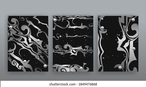 Abstract page templates set, retro wave creative hipster, silver metalic tech backgrond. Stylish geometric creative futuristic cover, 90s style, banners, creative modern design, flyer, hi tech