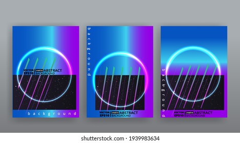 Resumen de plantillas de página establecidas, hipster creativo de onda retro, neón y colores de gradiente. Cubierta futurista geométrica y creativa, estilo de los años 90, sábanas de arco iris realistas, conjunto de banderas, diseño fluido y moderno