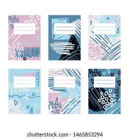 Abstract pages template design for notebooks and sketchpad. Scribble vector collage. Hand drawn illustration with scrawl, scratches and different geometry shapes for funky trendy designs.