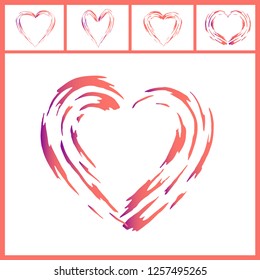 Abstract paint brush pattern of five hearts in Living Coral color isolated on white.