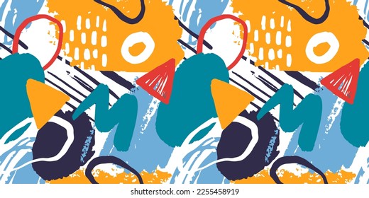 Abstract paint brush shape seamless pattern, colorful freehand doodle background in trendy urban art style. Modern graffitti print texture, expressionism wallpaper design.