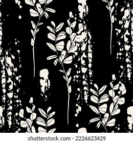 Abstract paint brush strokes and plant twig silhouettes seamless pattern. Vector rough textured brushstroke painted stripes, florals background. Hand drawn illustration for wrapping paper, fabric