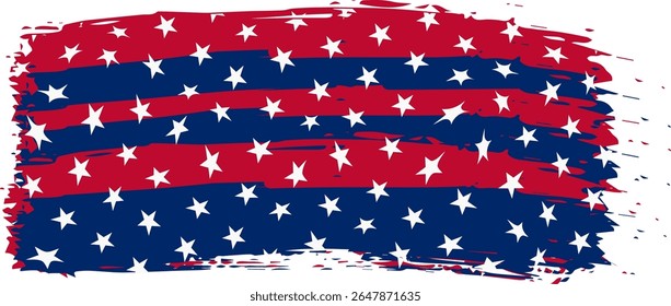 Abstract paint brush textured stripes in american flag colors red, blue white with glory star. Design element for USA day celebrate. The concept of drawing, brushstroke, grunge, paint strokes etc