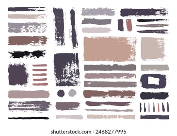 Abstract paint brushes element bundle. Creative brush strokes template set. Rough textured square, line, circle, and color blocks.