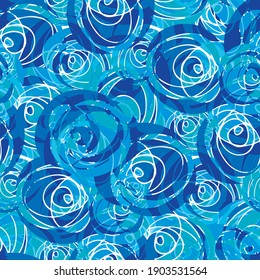 Abstract paint dab circle vector seamless pattern background. Batik dye style aqua blue backdrop with painterly circular brush swirls. Blended overlapping texture design. Repeat for beach concept