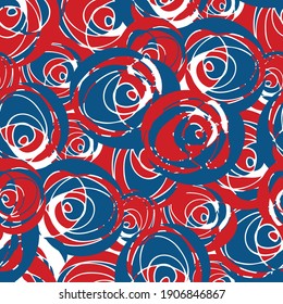 Abstract paint dab circle vector seamless pattern background. Backdrop with red, blue, white painterly circular brush swirls. Bold overlapping texture design. All over print for summer beach concept