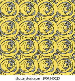 Abstract paint dab circle vector seamless pattern background. Geometric yellow grey backdrop with painterly circular brush swirls. Blended overlapping design. Funky all over print for summer fashion