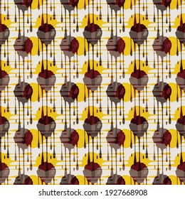 Abstract paint drip weave effect grid seamless vector pattern background. Overlapping brown gold color dripping painterly drops backdrop earthy texture. Burlap canvas concept. Faux woven cloth repeat