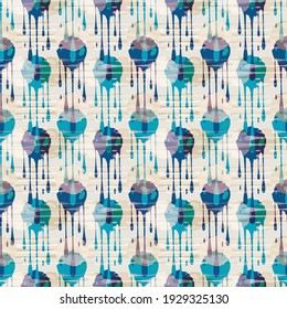 Abstract paint drip weave effect grid seamless vector pattern background. Overlapping purple blue gold dripping painterly drops backdrop pastel texture. Burlap canvas concept. Faux woven cloth repeat
