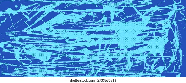 Abstract paint splash background with textured brush marks, retro halftone patterns. Sporty wall backdrop with spray effects, and grainy overlays perfect for graphic design project. Vector blue bg.