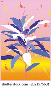 Abstract paint splash and tropical flower (Cordyline) pastel retro summer vibe, cool summer vibe card print template design, hand drawn illustration