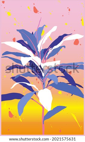 Abstract paint splash and tropical flower (Cordyline) pastel retro summer vibe, cool summer vibe card print template design, hand drawn illustration