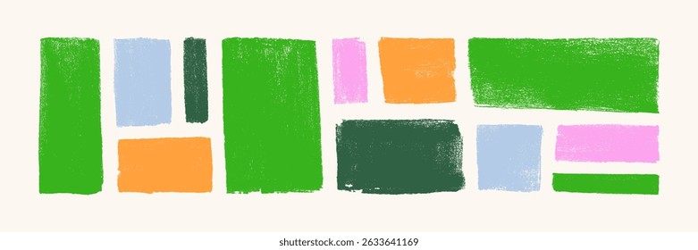 Abstract paint textures, brushstroke backgrounds set. Ragged rough brush strokes, banners, strips, smears, swatches, elements in rectangle, square shapes. Flat vector illustration isolated on white.
