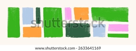 Abstract paint textures, brushstroke backgrounds set. Ragged rough brush strokes, banners, strips, smears, swatches, elements in rectangle, square shapes. Flat vector illustration isolated on white.