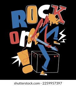 Vector de pintura abstracta, rock on music, un niño en la ilustración de la guitarra impresa