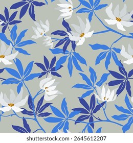Abstract paint white and blue flowers design for fabric textile fashion print gift wrapping paper background.