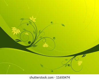 Abstract painted background with floral scroll in green color