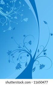 Abstract painted background with floral scroll in blue color