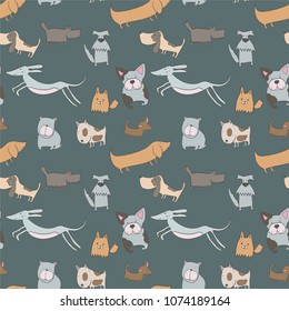 Abstract with painted dogs background. Bright colors.Stylization, animalism. Vector image. Design. Imitation of drawing by hand. Drawing for registration. Children's print for boys and girls.