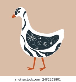 Abstract painted goose with solar symbols. Cartoon nursery, folk, or tribal style. Vector isolated illustration.