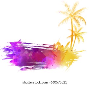 Abstract painted grunge splash shape with silhouettes. Travel concept - palm trees. Multicolored grunge brushed watercolor imitation vector illustration.