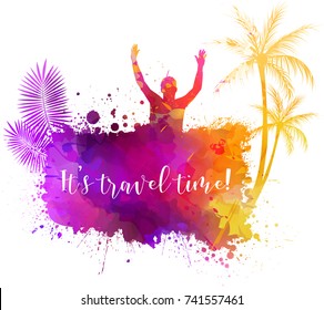 Abstract painted grunge splash shape with silhouettes. Travel concept - partying people, palm trees. It's party time text. Multicolored. Vector illustration.