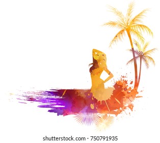 Abstract painted grunge splash shape with silhouettes. Travel concept - partying girl, palm trees. Multicolored. Vector illustration.