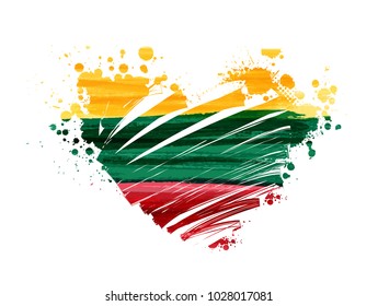 Abstract painted grunge watercolor flag of Lithuania in heart shape. Vector illustration.