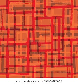 Abstract painted mid-century modern vector seamless pattern background. Monochrome red grid backdrop with blended layers of painterly brush stroke stripes. Modern weave effect texture repeat.