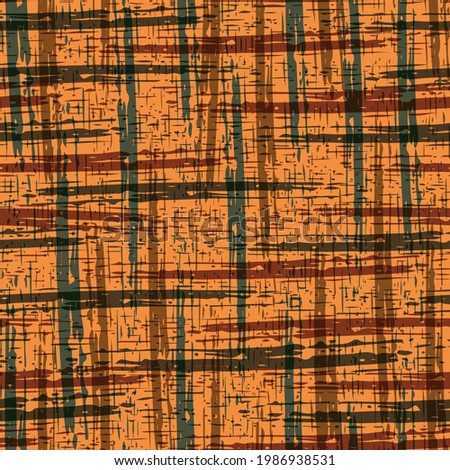 Abstract painted mid-century modern vector seamless pattern background. Terracotta ochre sage green grid backdrop with blended layers of painterly brush stroke stripes. Coarse cloth weave texture
