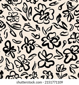 Abstract painted modern flowers with leaves seamless repeat pattern. Random placed, contemporary vector botanical drawning all over surface print on beige background. 